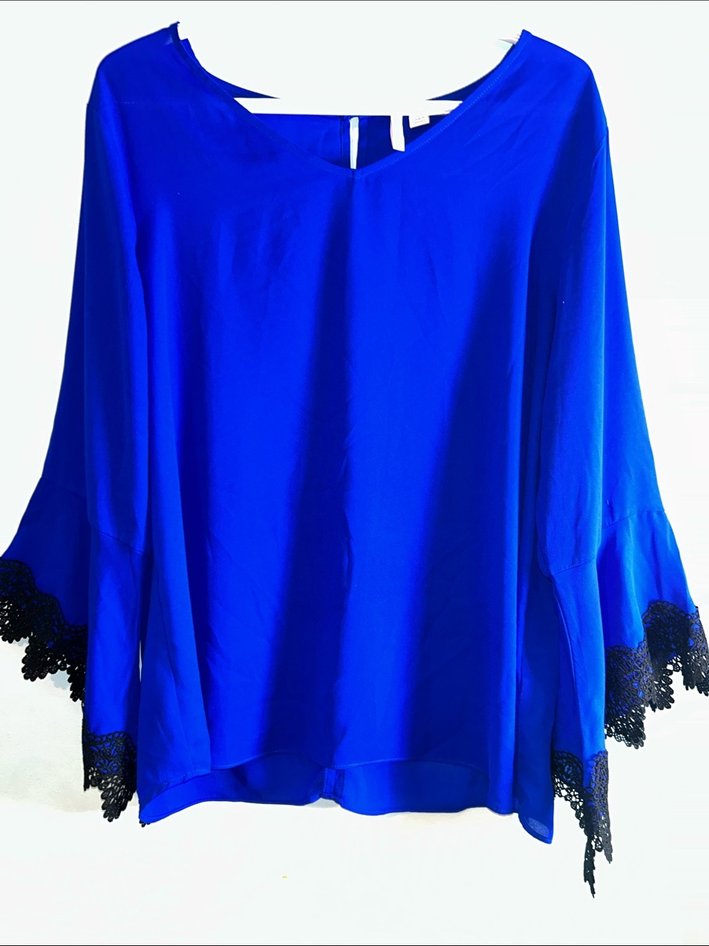Women’s Royal Blue Bell Sleeve Blouse with Lace Trim